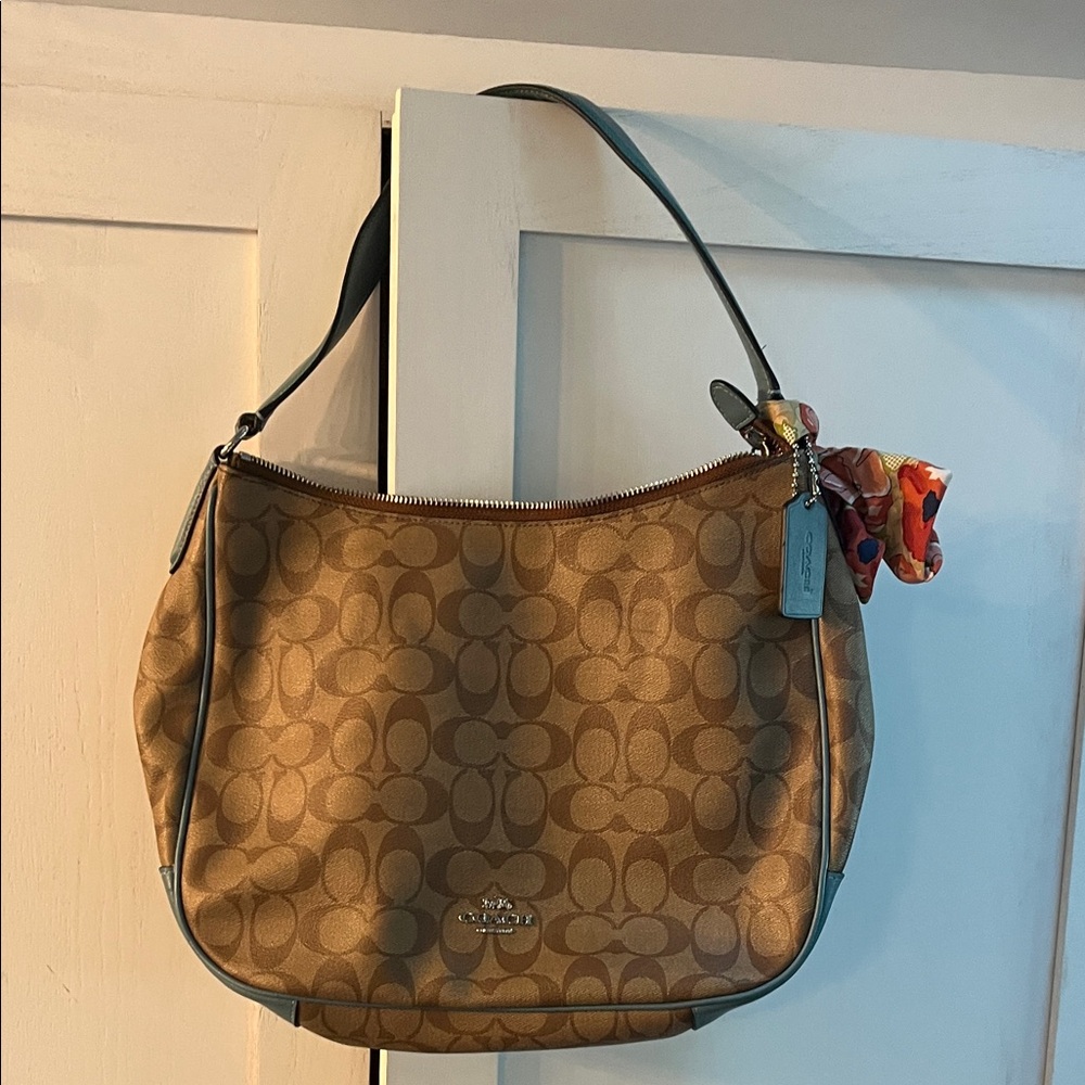 Coach Brown and Beige with blue piping; Signature Shoulder Bag